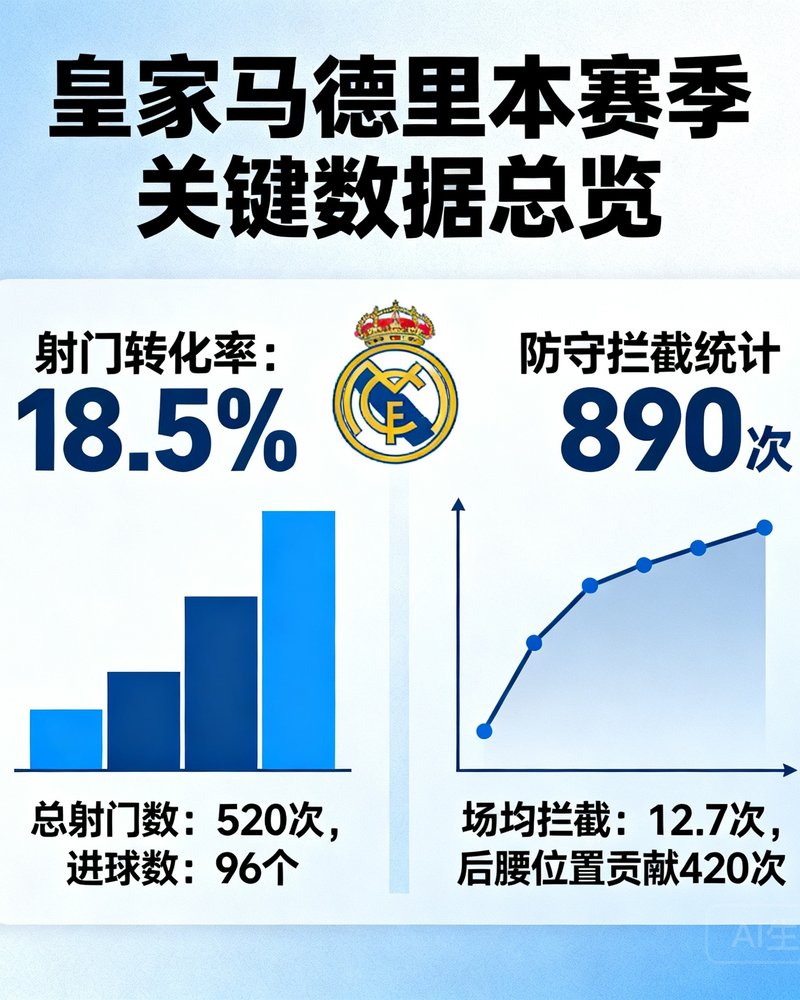皇家马德里俱乐部本赛季关键数据总览，包含射门转化率和防守拦截统计