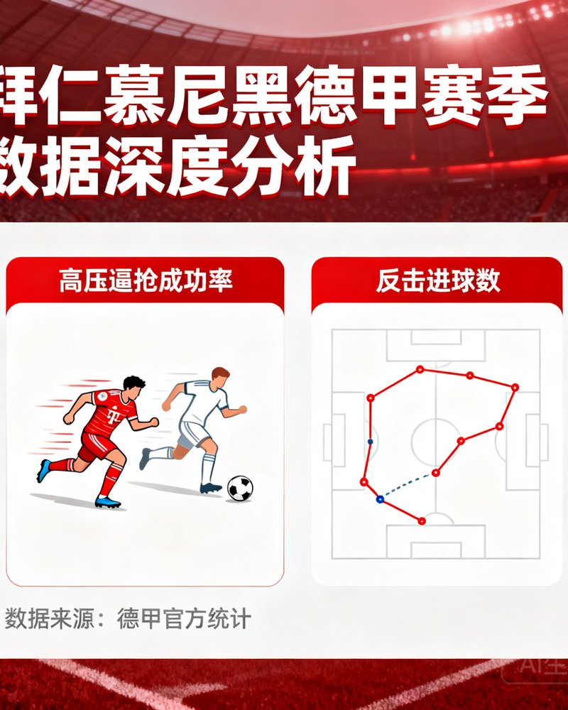 拜仁慕尼黑俱乐部德甲赛季数据深度分析卡片，包含高压逼抢成功率和反击进球数